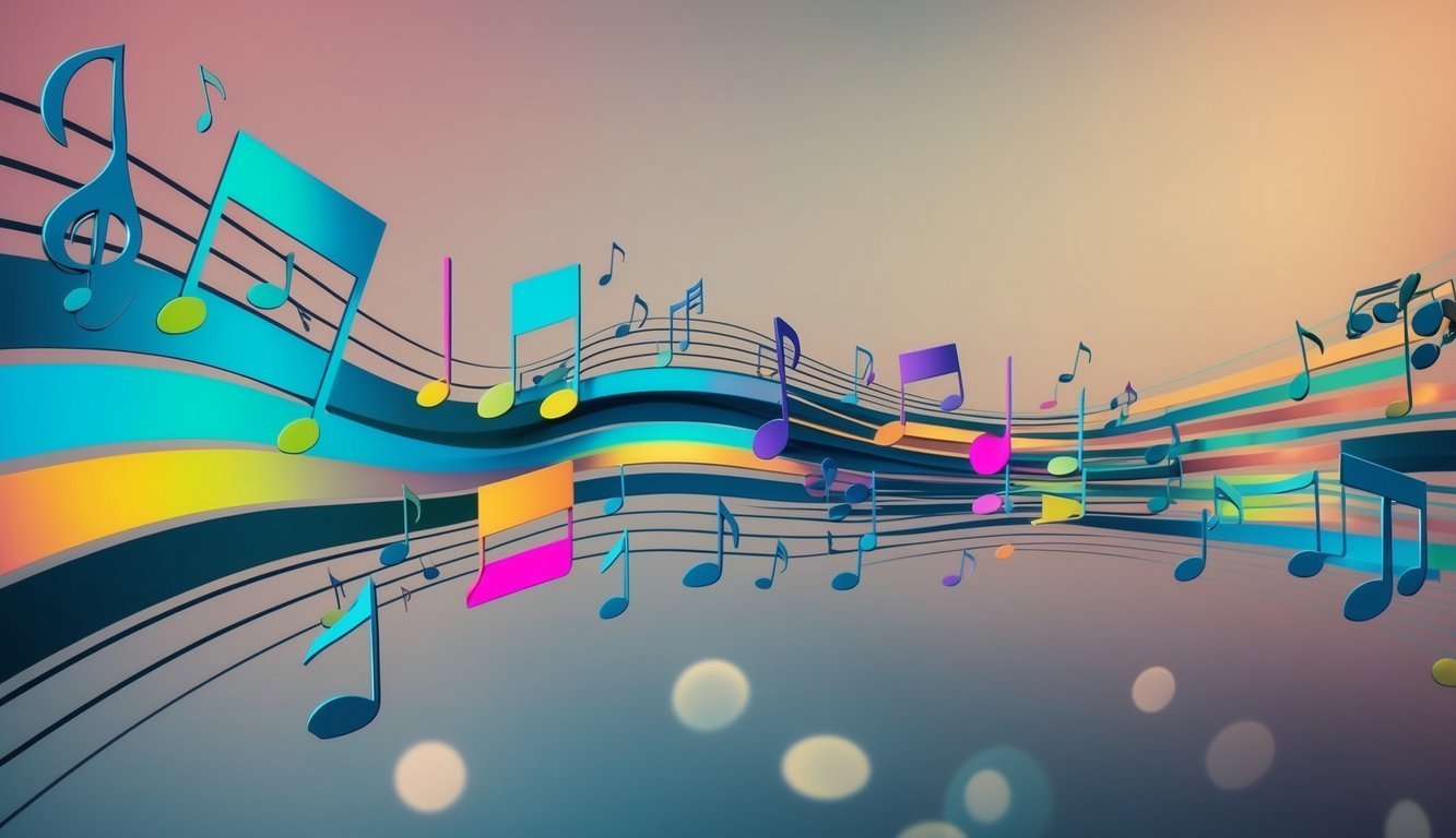 Colorful musical notes and staff lines flowing across a gradient background