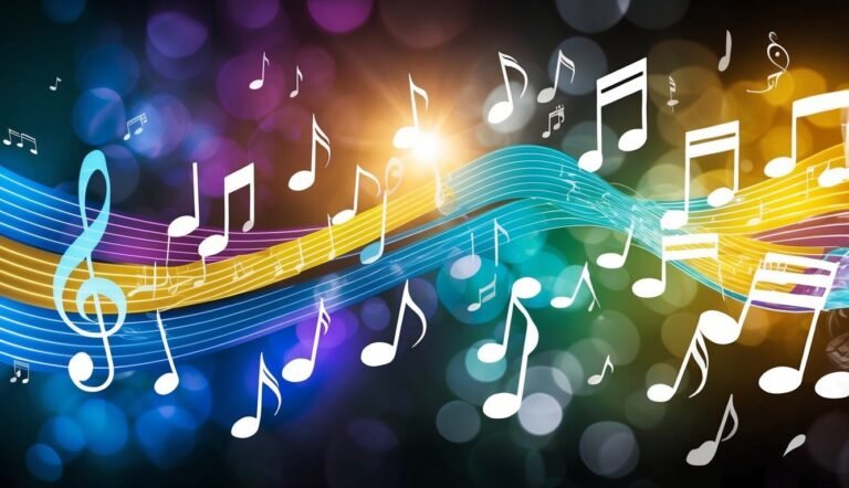 Musical notes and treble clef on colorful, abstract background with bokeh