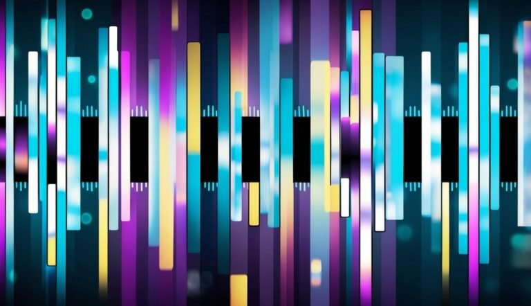 Abstract digital art with vertical bars in various colors and black blocks