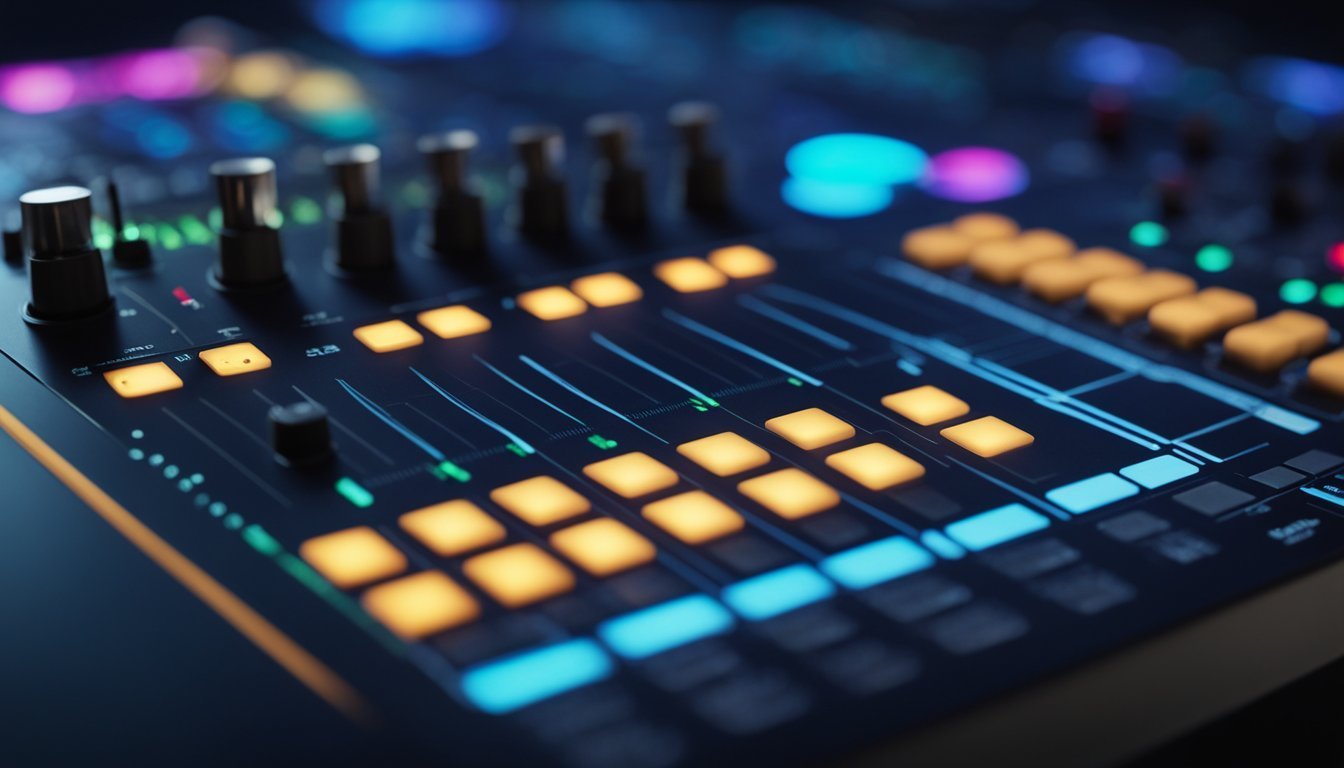 Close-up of a sound mixing board with knobs, sliders, and glowing buttons