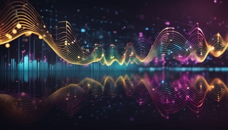 Abstract image of sound waves, musical notes, and equalizer bars