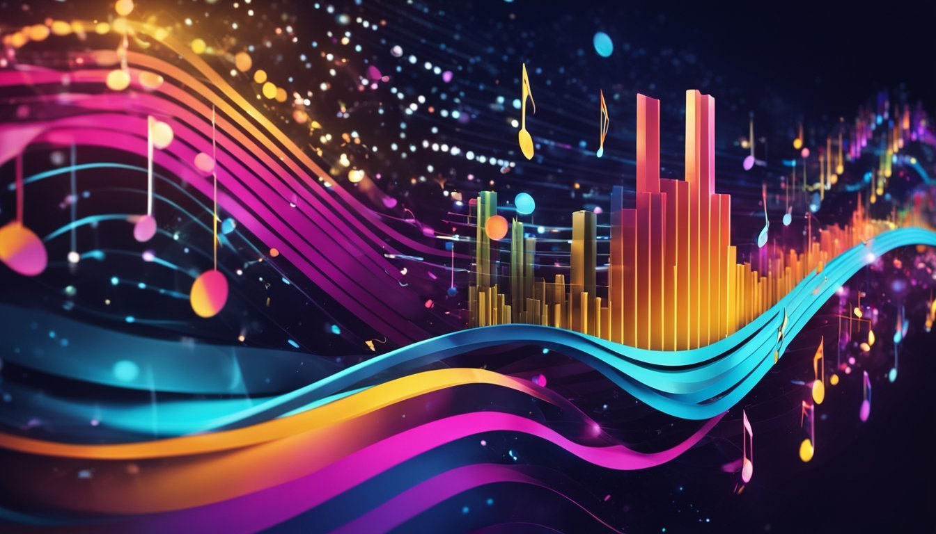 Abstract digital art of music notes, sound waves, and colorful bars