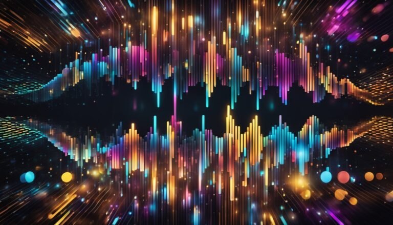 Abstract digital sound wave with colorful vertical lines and particles