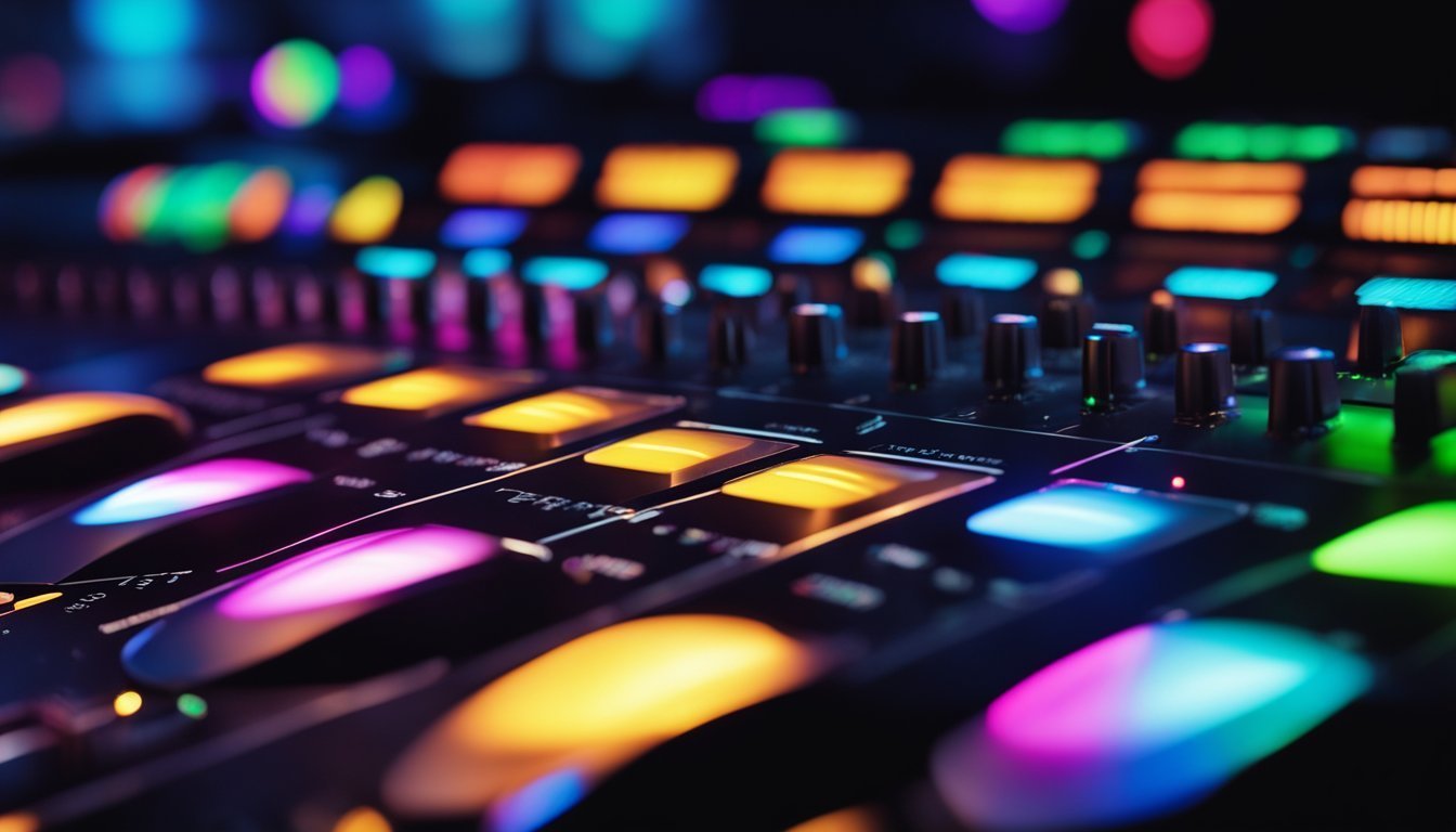 Close-up of a colorful audio mixing console with glowing buttons and knobs