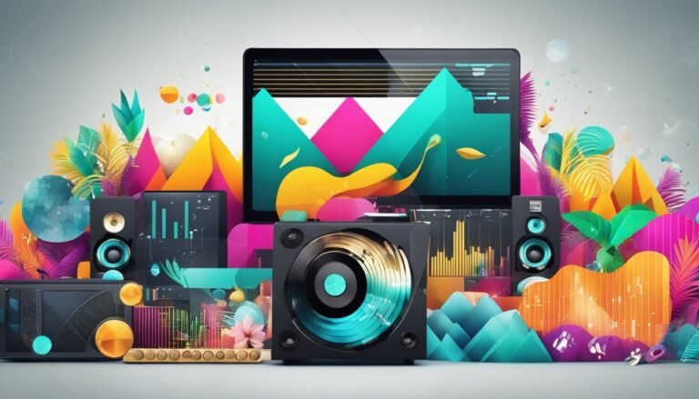 Colorful abstract image of audio equipment with a laptop and speakers
