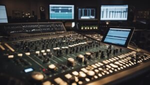Recording studio with mixing console, monitors, and a tablet displaying audio waveforms