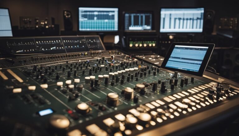Recording studio with mixing console, monitors, and a tablet displaying audio waveforms