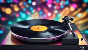 Close-up of a turntable with a vinyl record, colorful bokeh background