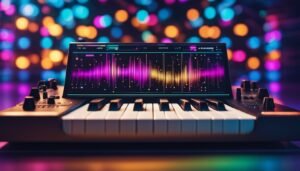 Keyboard with a screen displaying sound waves, colorful bokeh background